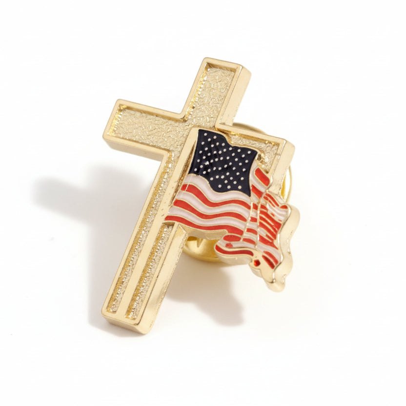 American Flag with Gold-Colored Cross Lapel Pin