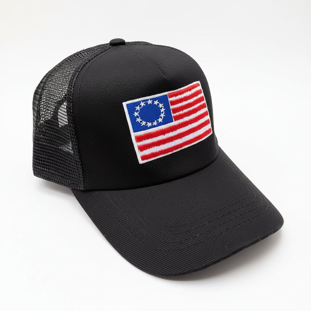 Betsy Ross Flag Patch Trucker Hat (Black)