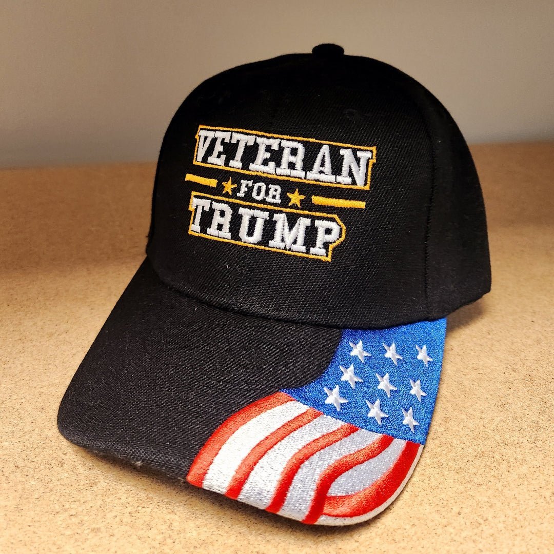 Veteran for Trump Hat w/Flag Bill (Black)